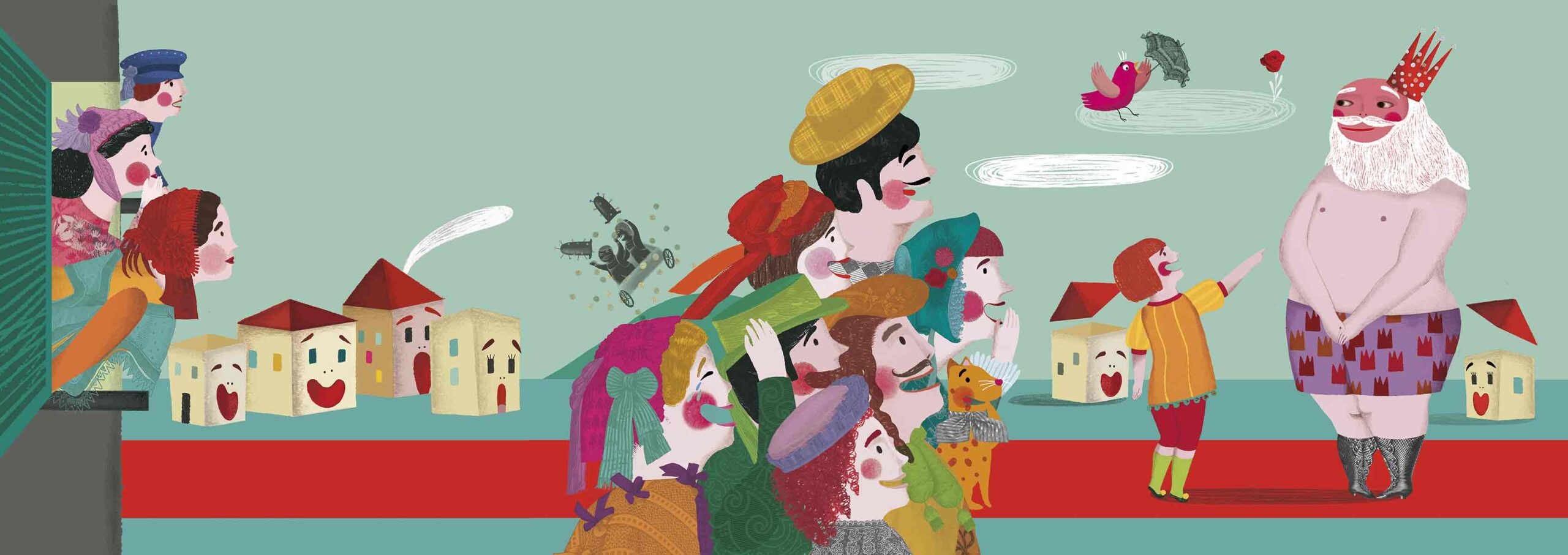 Children’s storybook illustration of the emperor parading in new clothes no one can see