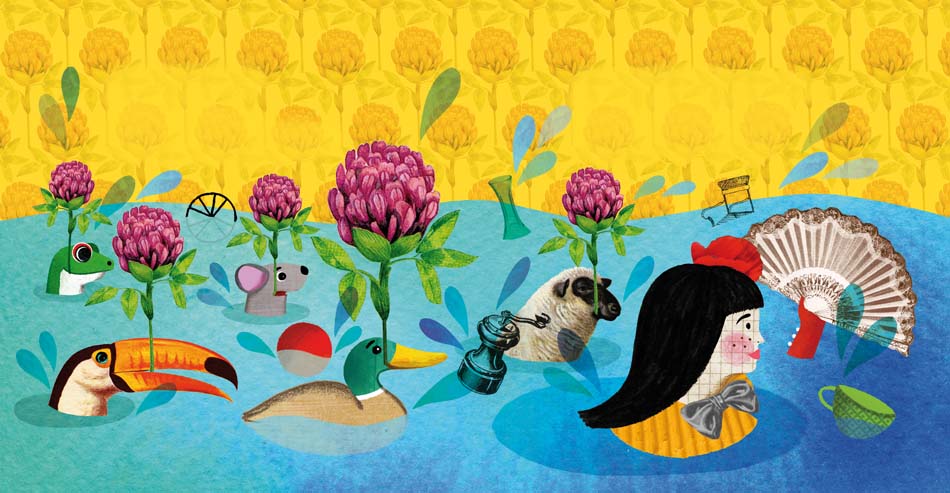 Illustration of Alice in Wonderland swimming in her eye drops