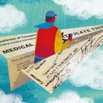 pilot on paper airplane made from medical certificate