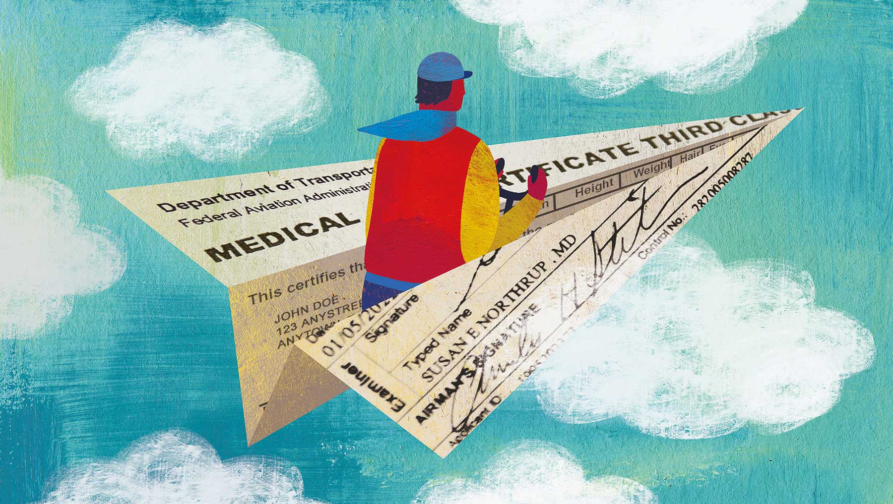 pilot on paper airplane made from medical certificate