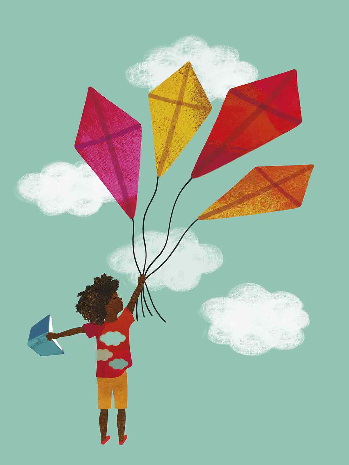 Illustration of an African child joyfully flying colorful kites