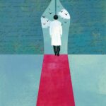 Illustration of a doctor writing about his own life and the stories of his patients