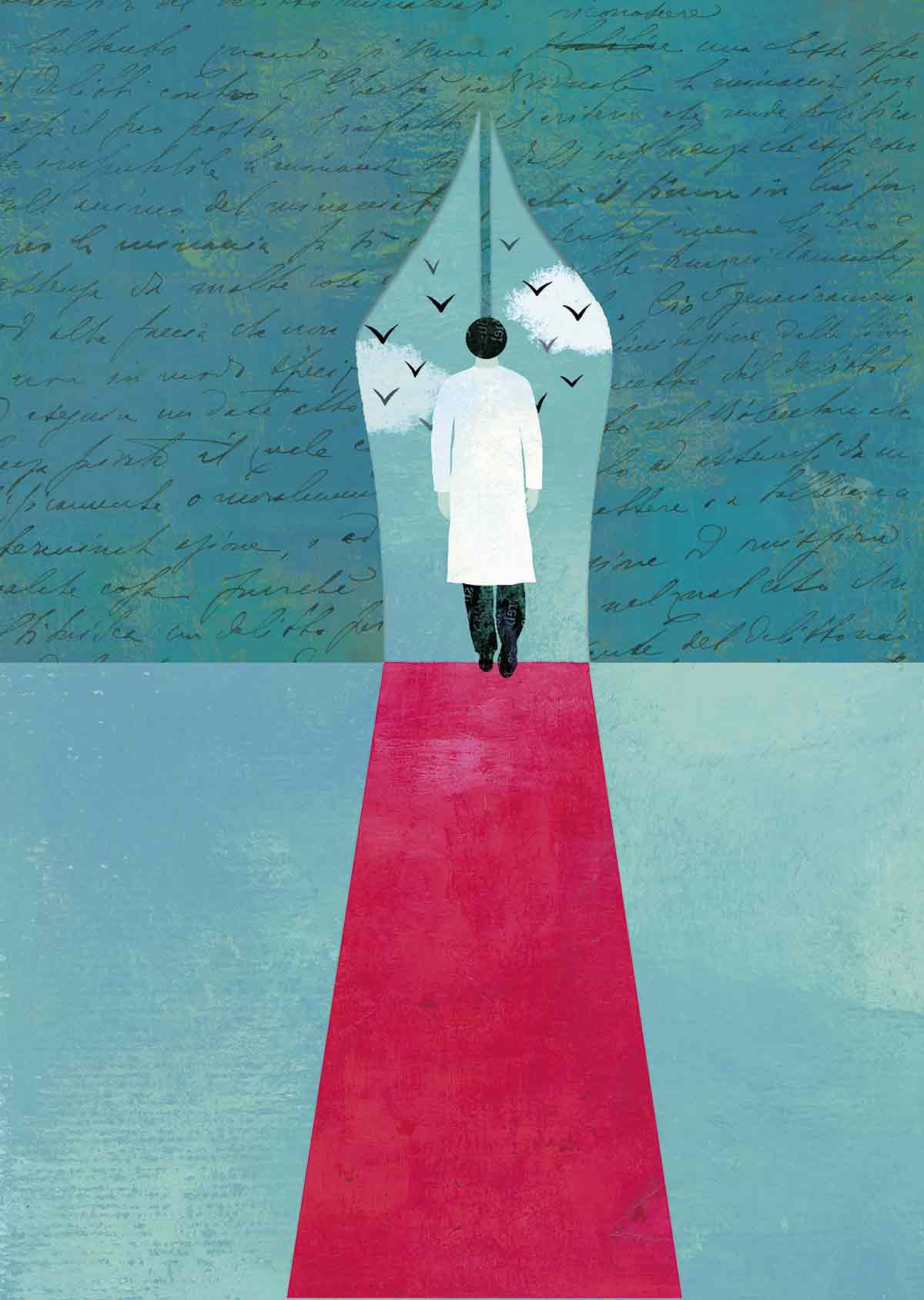 Illustration of a doctor writing about his own life and the stories of his patients