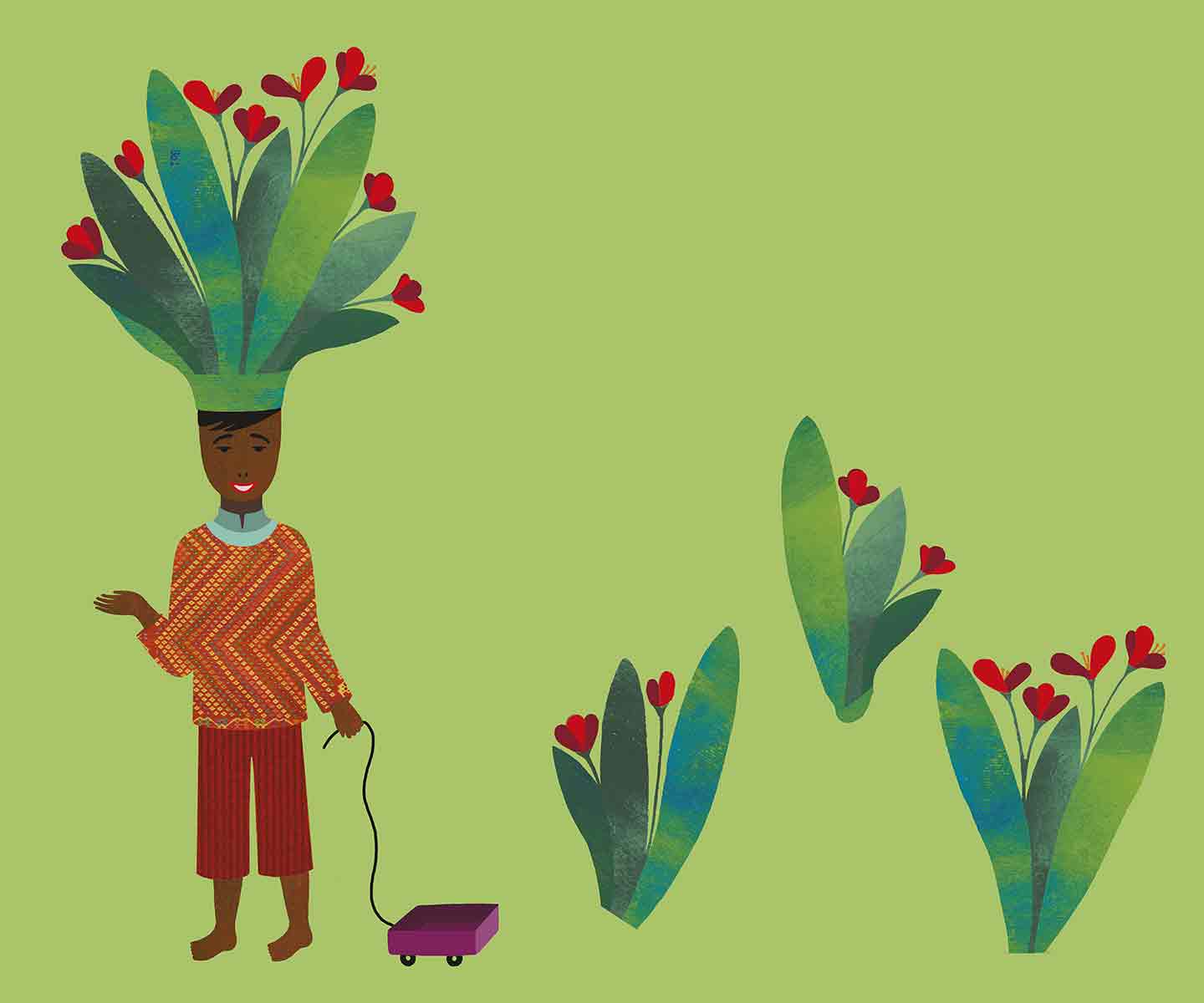 Illustration of an African child with plant-like hair symbolizing nature and growth