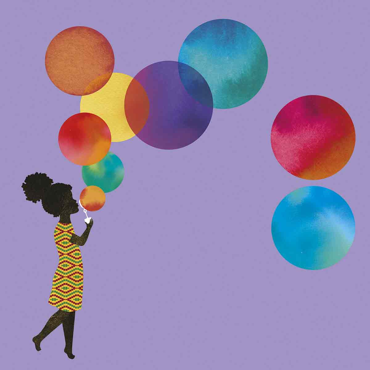 Colorful drawing of a little African child playing with bubbles