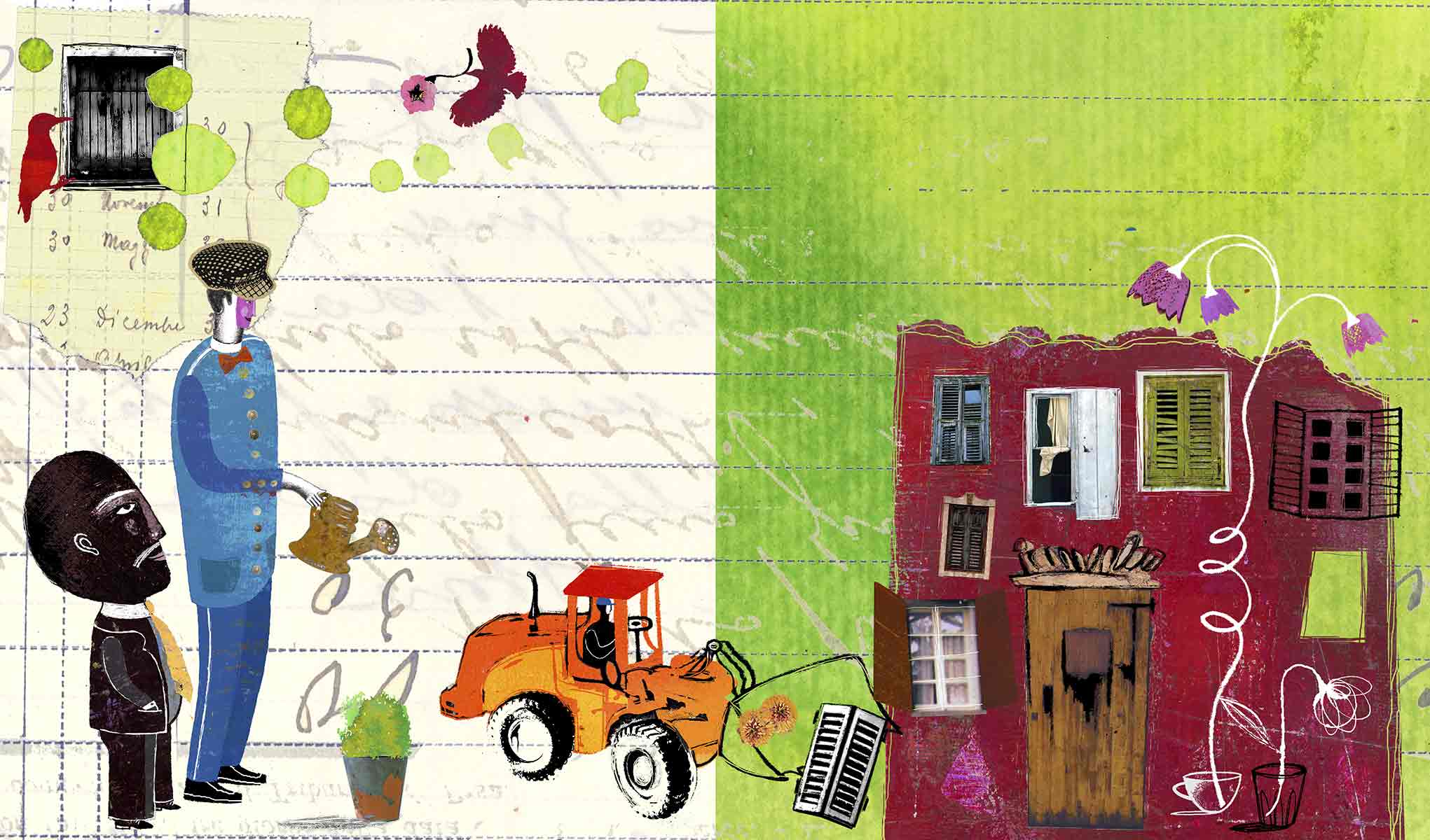 Children’s book illustration of Mr Smith helping families after realizing the value of their homes