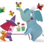 Illustration of a witch, an elephant, and a cat in a whimsical children’s book