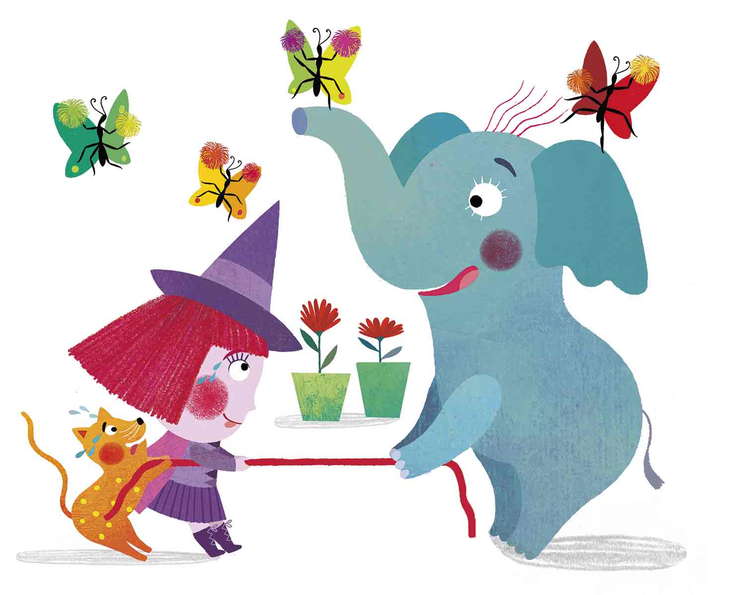 Illustration of a witch, an elephant, and a cat in a whimsical children’s book