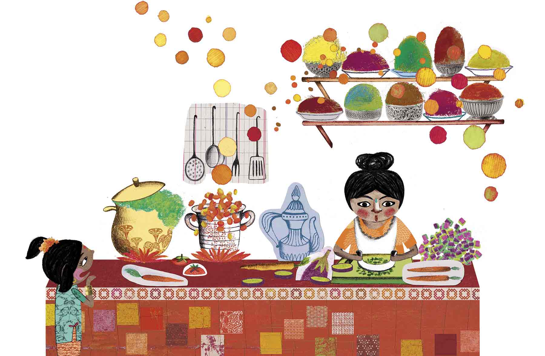 illustration about indian cooking mum with spices and colours