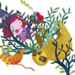 Illustration of a witch, her cat, and a friendly sloth in a children’s book