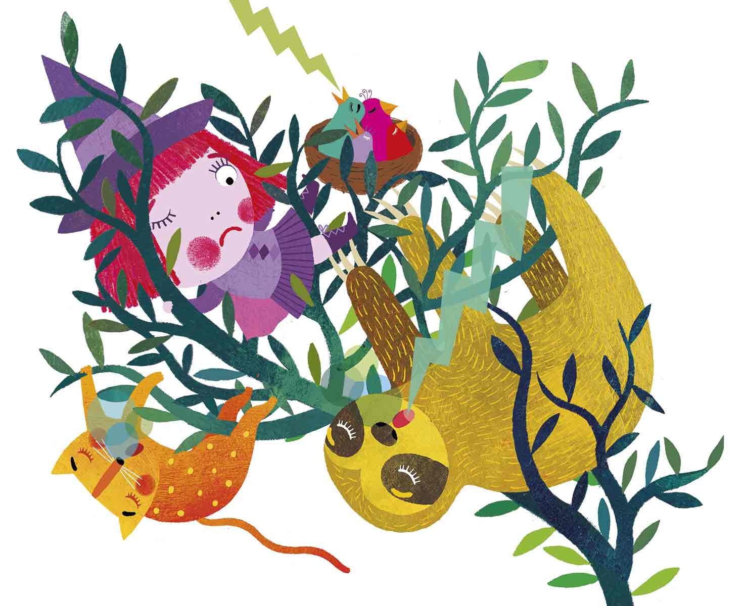 Illustration of a witch, her cat, and a friendly sloth in a children’s book