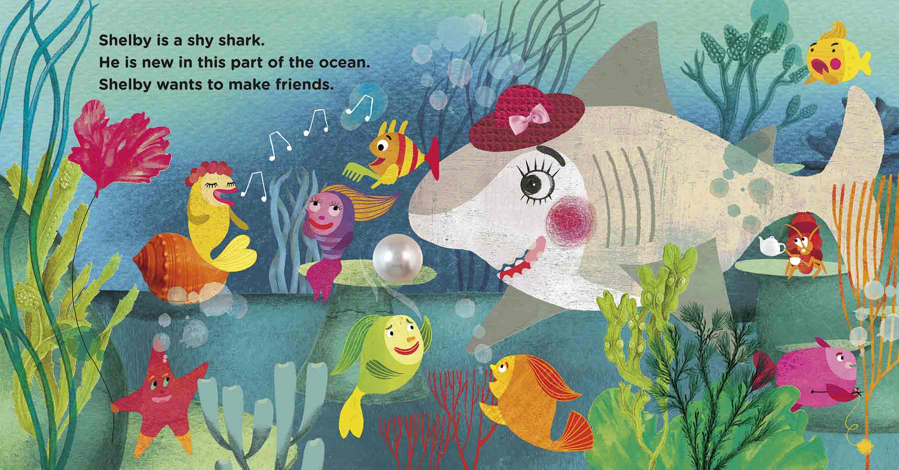 Children’s picture book showing a shy shark who just wants to make friends
