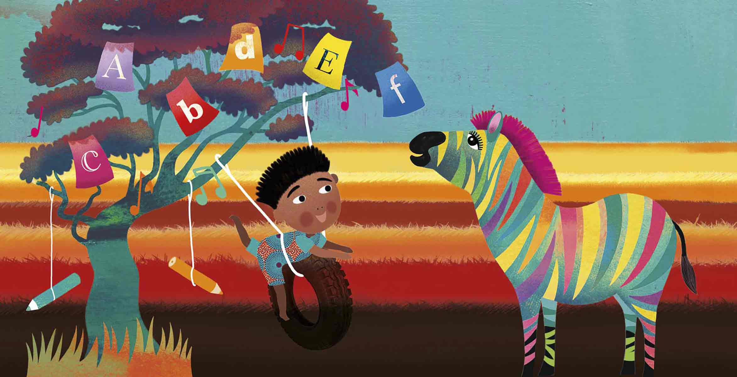 Whimsical children’s story showing kids in Africa and animals imagining the future together