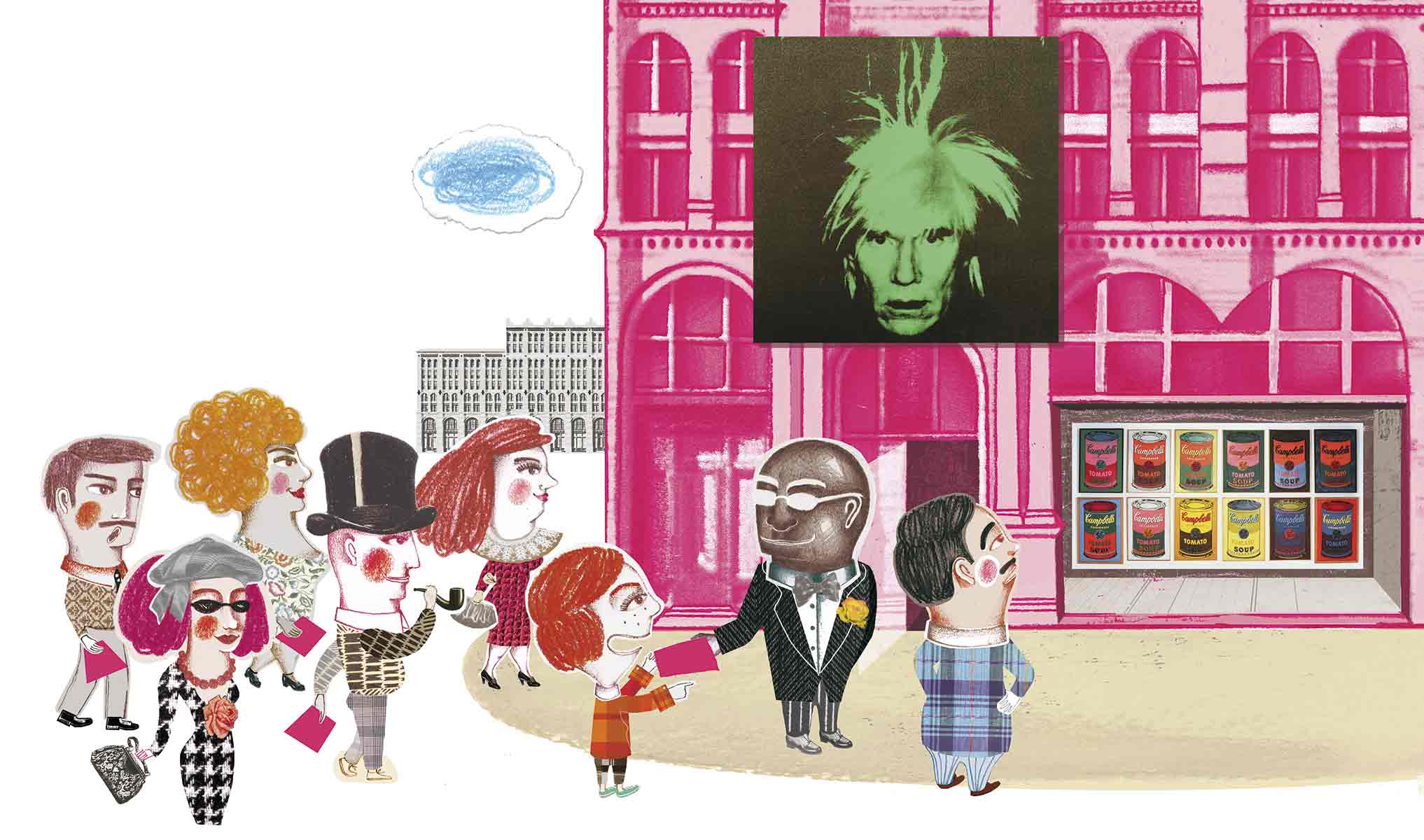 Children’s book scene where Andy Warhol teaches creativity through everyday objects
