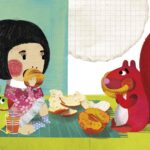 Children’s storybook page showing animals and a girl politely requesting a slice of watermelon