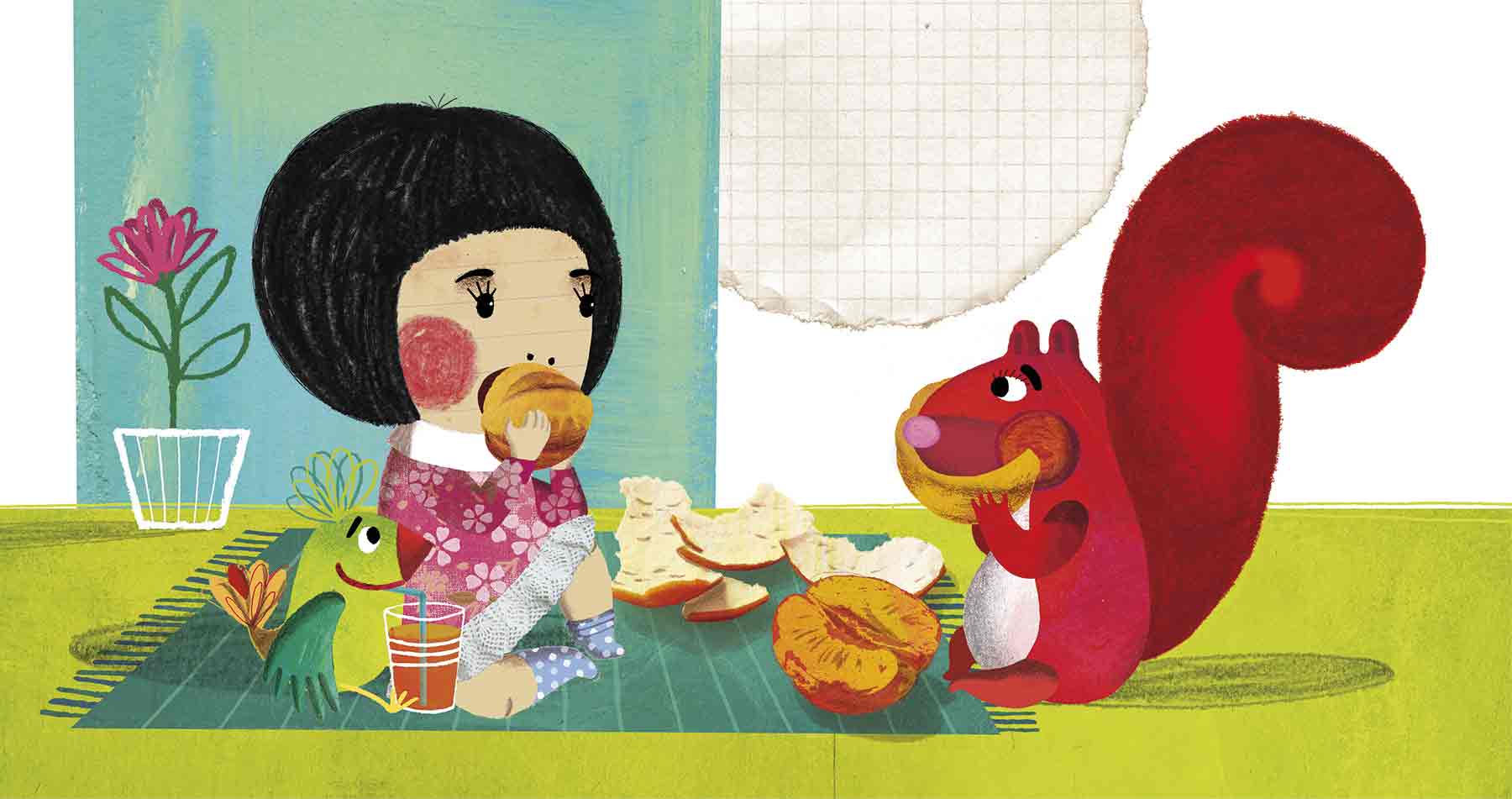 Children’s storybook page showing animals and a girl politely requesting a slice of watermelon