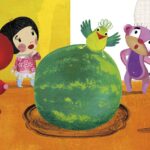 Children’s storybook page showing animals and a girl politely requesting a slice of watermelon