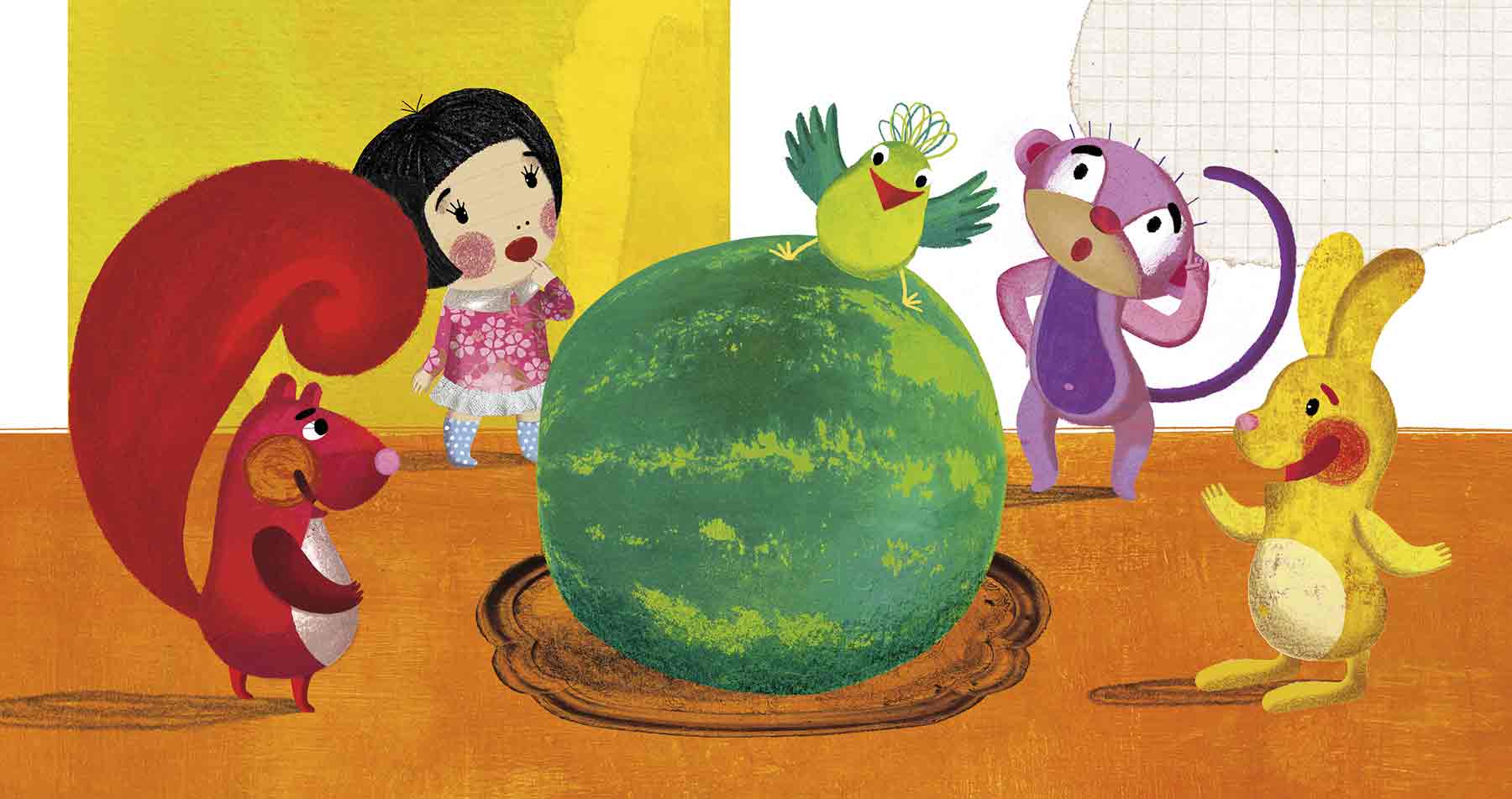 Children’s storybook page showing animals and a girl politely requesting a slice of watermelon