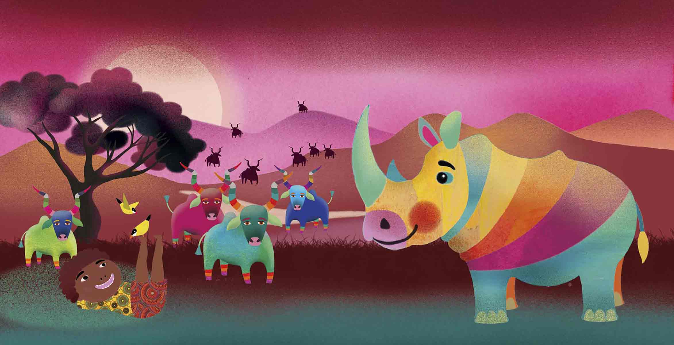Illustration of African children confiding in animals about what they hope to become