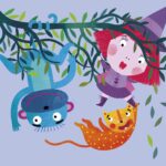 Colorful children’s book page featuring a witch, her cat, and a monkey