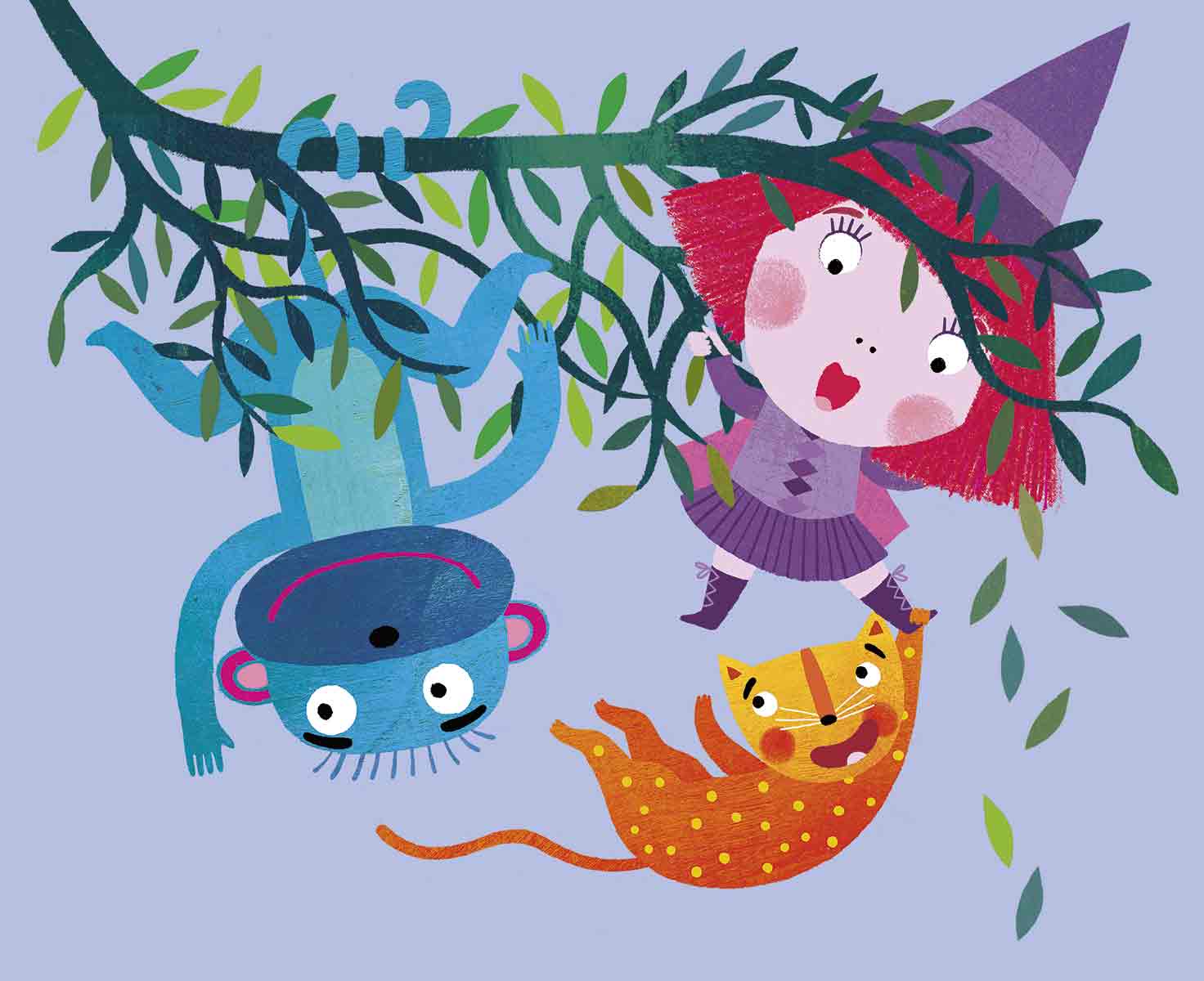 Colorful children’s book page featuring a witch, her cat, and a monkey